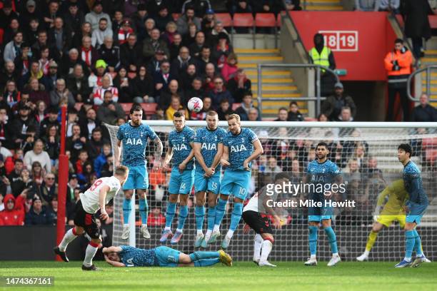 James Ward-Prowse of Southampton takes a free kick over the Tottenham Hotspur wall during the Premier League match between Southampton FC and...