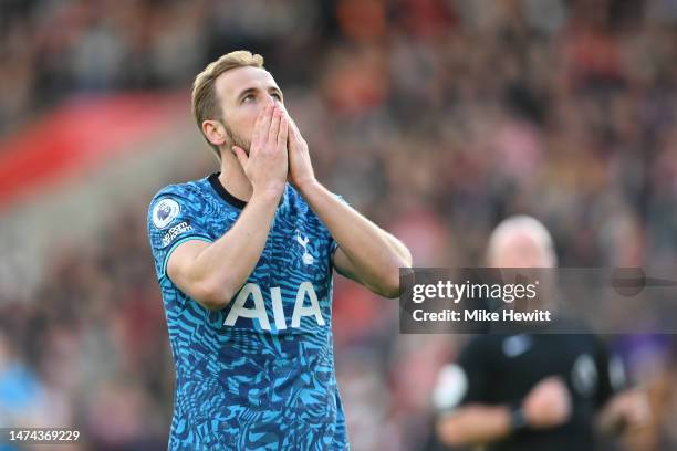 Harry Kane of Tottenham Hotspur reacts after a missed chance during the Premier League match between Southampton FC and Tottenham Hotspur at Friends...