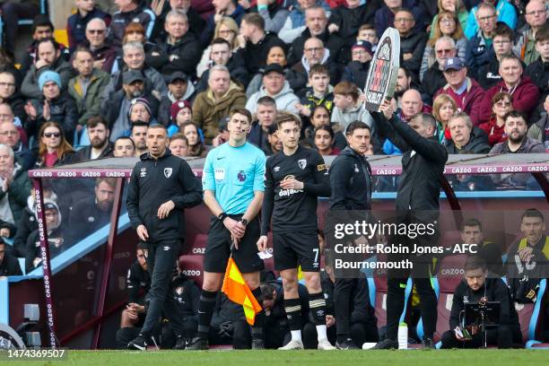 David Brooks of Bournemouth replaces team-mate Adam Smith during the Premier League match between Aston Villa and AFC Bournemouth at Villa Park on...