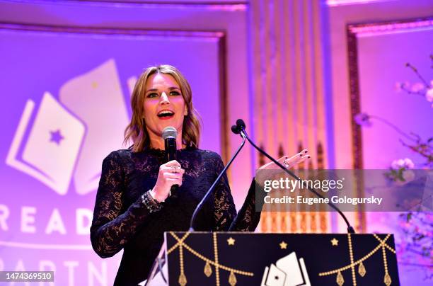 Special guest Savannah Guthrie speaks on stage as Phoebe Robinson emcees Reading Partners' Dream Dinner Party honoring Stacey Abrams & Questlove,...