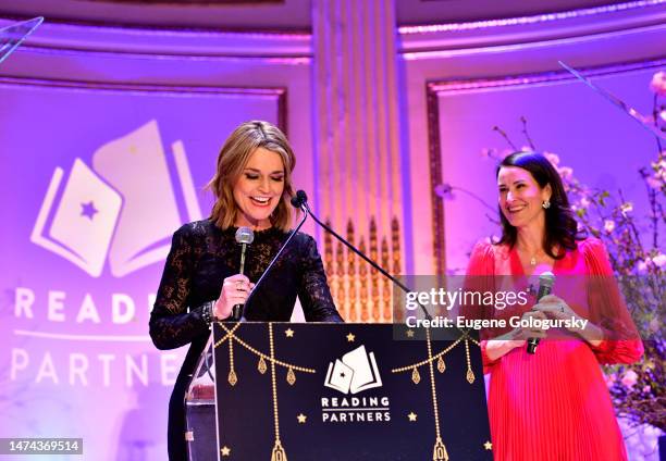 Special guest Savannah Guthrie and auctioneer Lydia Fenet speak on stage as Phoebe Robinson emcees Reading Partners' Dream Dinner Party honoring...
