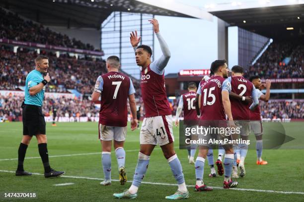 Jacob Ramsey of Aston Villa celebrates after scoring the team's second goal with teammates during the Premier League match between Aston Villa and...
