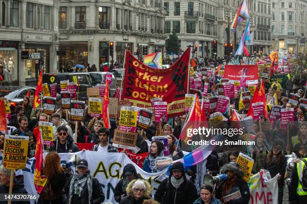 Students join the protest as the Resist Racism demonstration proceeds from Portland place to Downing street on March 18, 2023 in London, England. The...