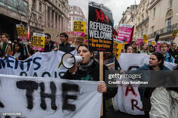 Students join the protest as The Resist Racism demonstration proceeds from Portland place to Downing street on March 18, 2023 in London, England. The...