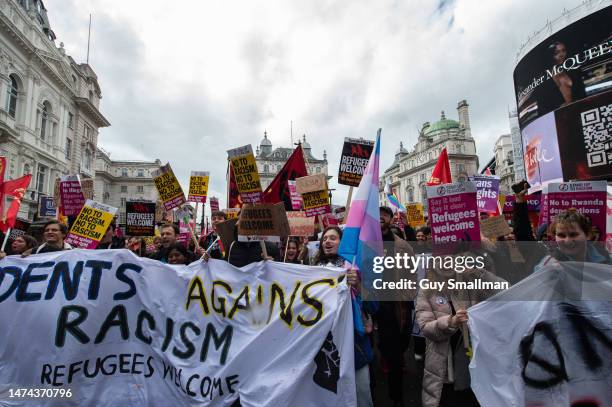 Students join the protest as the Resist Racism demonstration proceeds from Portland place to Downing street on March 18, 2023 in London, England. The...