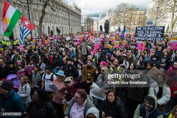 The the Resist Racism demonstration ends with a rally in Whitehall on March 18, 2023 in London, England. The annual Stand Up to Racism Demonstration...