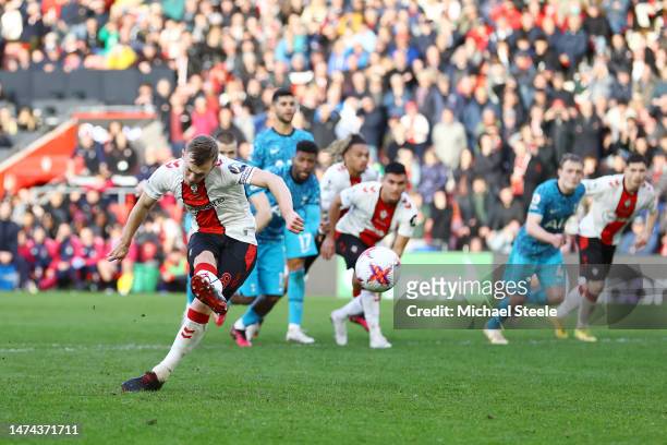 James Ward-Prowse of Southampton scores the team's third goal from a penalty kick during the Premier League match between Southampton FC and...