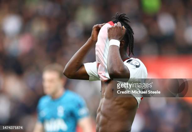 Romeo Lavia of Southampton looks dejected during the Premier League match between Southampton FC and Tottenham Hotspur at Friends Provident St....