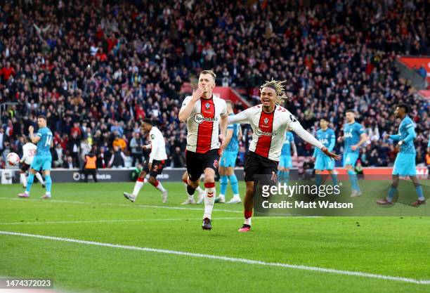 James Ward-Prowse of Southampton celebrates with team mate Sekou Mara after scoring to make it 3-3 during the Premier League match between...
