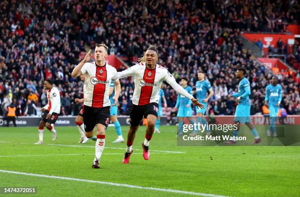 James Ward-Prowse of Southampton celebrates with team mate Sekou Mara after scoring to make it 3-3 during the Premier League match between...