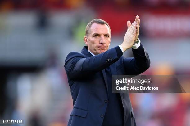 Brendan Rogers, Manager of Leicester City, applauds the fans following the Premier League match between Brentford FC and Leicester City at Gtech...