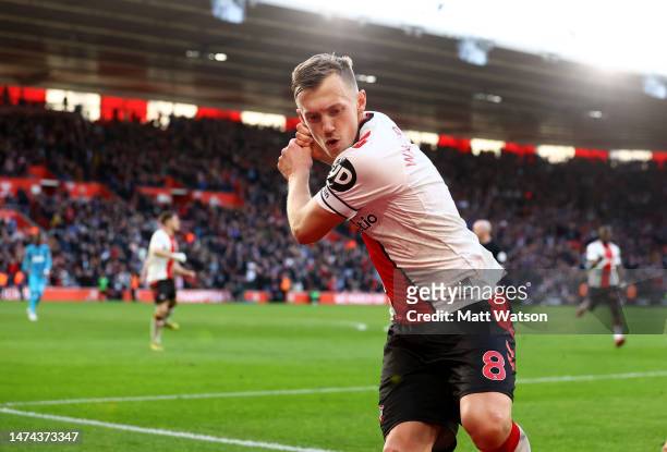 James Ward-Prowse of Southampton celebrates after scoring from the penalty spot to make it 3-3 during the Premier League match between Southampton FC...