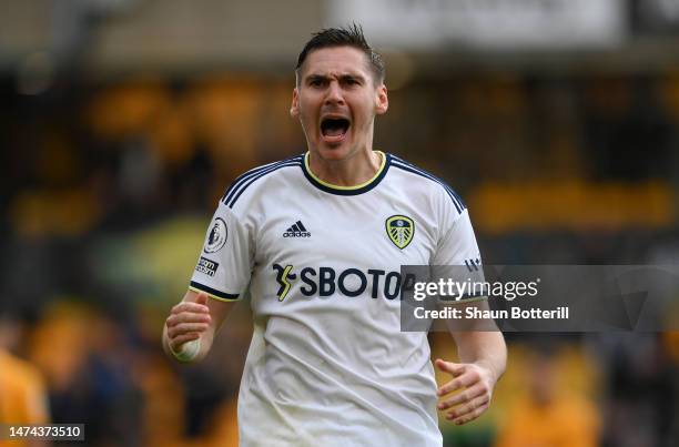 Max Woeber of Leeds United celebrates following victory in the Premier League match between Wolverhampton Wanderers and Leeds United at Molineux on...