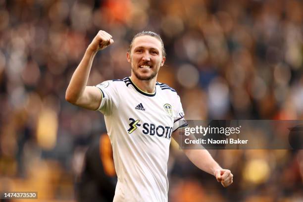 Luke Ayling of Leeds United celebrates following victory in the Premier League match between Wolverhampton Wanderers and Leeds United at Molineux on...