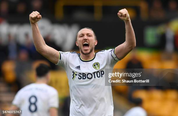 Luke Ayling of Leeds United celebrates following victory in the Premier League match between Wolverhampton Wanderers and Leeds United at Molineux on...