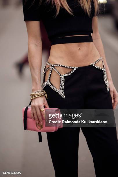 Mary Charteris seen wearing a cropped black shirt, silver glittery black pants and rose leather mini handbag outside the Stella McCartney show during...