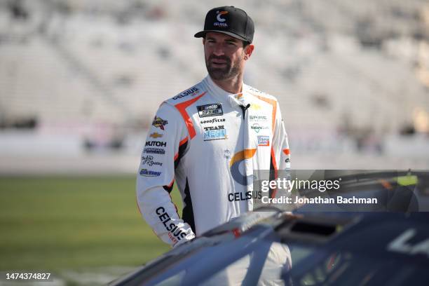 Corey LaJoie, driver of the Celsius Chevrolet, waits on the grid during qualifying for the NASCAR Cup Series Ambetter Health 400 at Atlanta Motor...