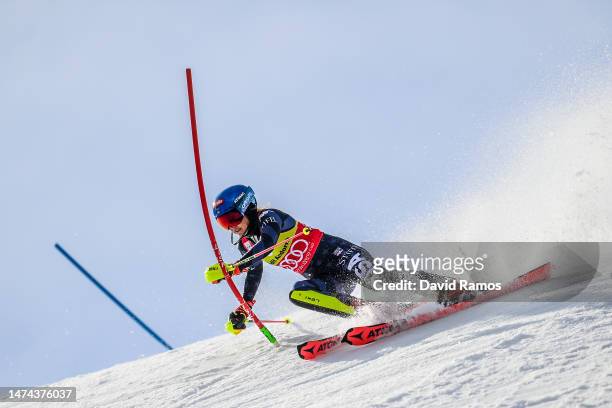 Mikaela Shiffrin of United States competes in her first run of Women's Slalom at the Audi FIS Alpine Ski World Cup Finals on March 18, 2023 in Soldeu...