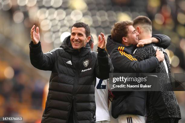 Javi Gracia, Manager of Leeds United, celebrates victory following the Premier League match between Wolverhampton Wanderers and Leeds United at...