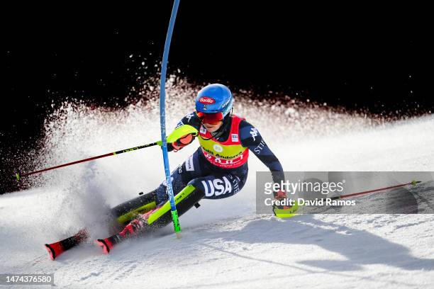 Mikaela Shiffrin of United States competes in her first run of Women's Slalom at the Audi FIS Alpine Ski World Cup Finals on March 18, 2023 in Soldeu...
