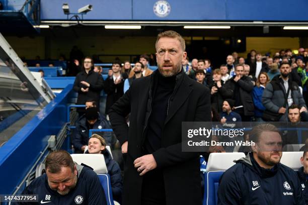 Graham Potter, Manager of Chelsea, looks on prior to the Premier League match between Chelsea FC and Everton FC at Stamford Bridge on March 18, 2023...