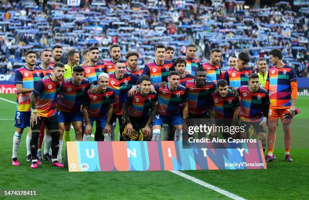 Espanyol and RC Celta players pose for a photo whilst wearing Unity shirts as part of LaLiga Week Against Racism prior to the LaLiga Santander match...