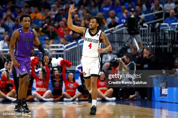 Jared Barnett of the San Diego State Aztecs reacts during the second half against the Furman Paladins in the second round of the NCAA Men's...