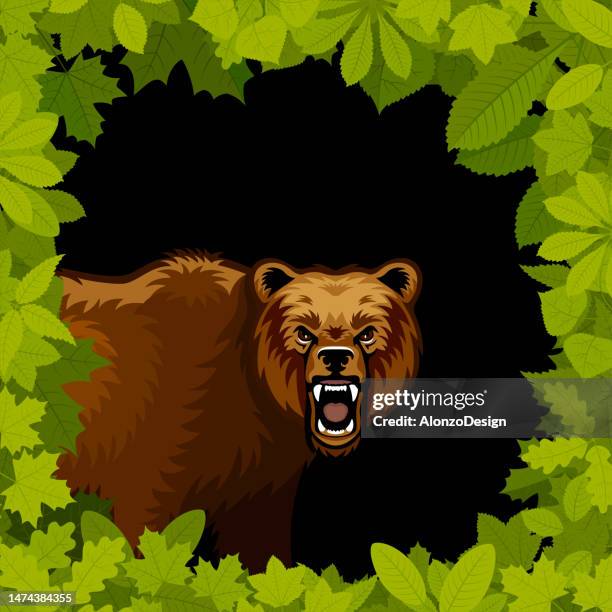 brown bear in the forest. mascot creative logo design. roaring brown bear. - grizzly bear roar stock illustrations