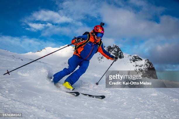 Jard Bringedal from Norway skis at The Article Triple - Lofoten Skimo on March 18, 2023 in Svolvaer, Lofoten, Norway.