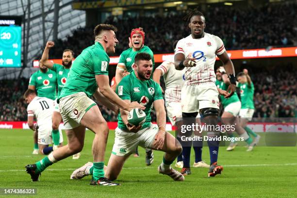 Robbie Henshaw of Ireland celebrates scoring their side's second try during the Six Nations Rugby match between Ireland and England at Aviva Stadium...