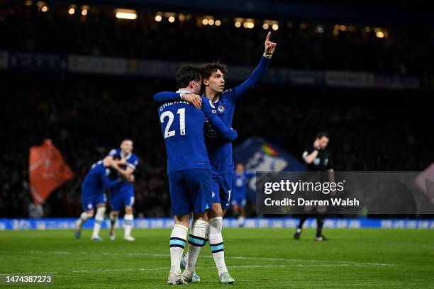 Joao Felix of Chelsea celebrates after scoring the team's first goal with teammates during the Premier League match between Chelsea FC and Everton FC...