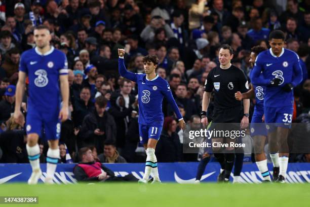 Joao Felix of Chelsea celebrates after scoring the team's first goal during the Premier League match between Chelsea FC and Everton FC at Stamford...