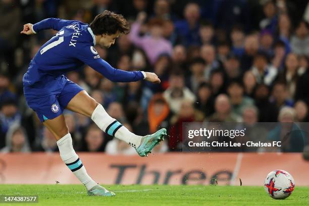 Joao Felix of Chelsea scores the team's first goal during the Premier League match between Chelsea FC and Everton FC at Stamford Bridge on March 18,...