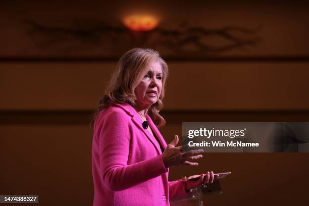 Sen. Marsha Blackburn speaks at the Vision ’24 National Conservative Forum March 18, 2023 in Charleston, South Carolina. The event, hosted by the...