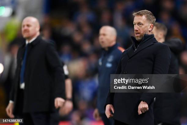 Graham Potter, Manager of Chelsea, reacts during the Premier League match between Chelsea FC and Everton FC at Stamford Bridge on March 18, 2023 in...