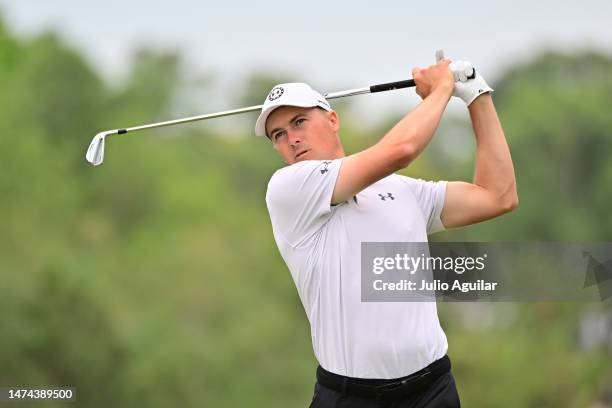 Jordan Spieth of the United States plays his shot from the second tee during the third round of the Valspar Championship at Innisbrook Resort and...