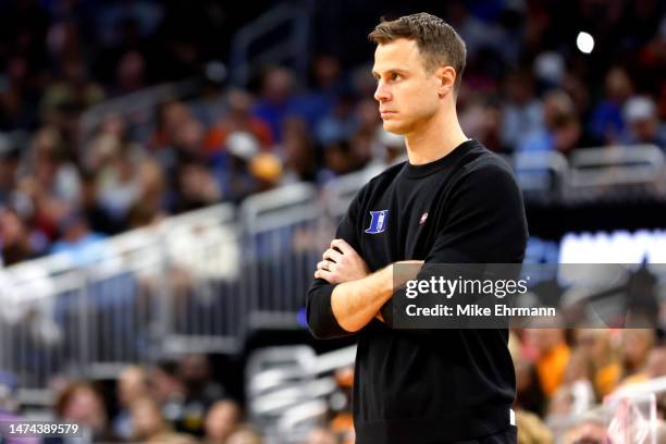Head coach Jon Scheyer of the Duke Blue Devils looks on against the Tennessee Volunteers during the first half in the second round of the NCAA Men's...