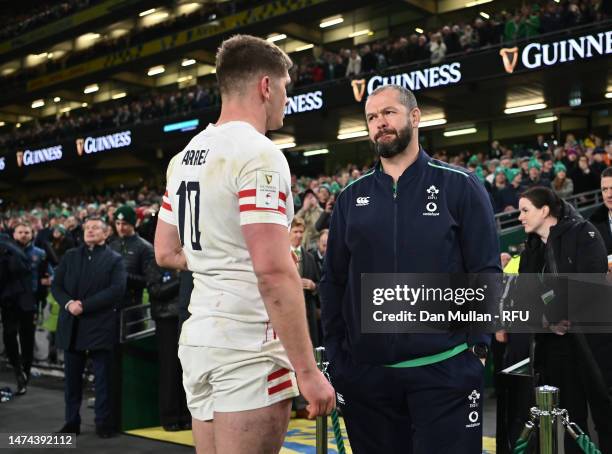 Owen Farrell of England speaks with Andy Farrell, Head Coach of Ireland, after the Six Nations Rugby match between Ireland and England at Aviva...