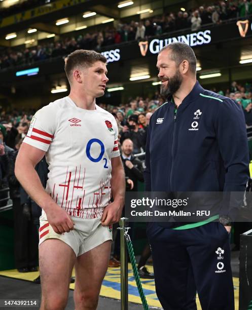 Owen Farrell of England speaks with Andy Farrell, Head Coach of Ireland, after the Six Nations Rugby match between Ireland and England at Aviva...