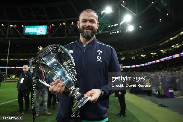 Ireland head coach, Andy Farrell, holds the Six Nations trophy after their Grand Slam victory during the England captain's run at the Aviva Stadium...