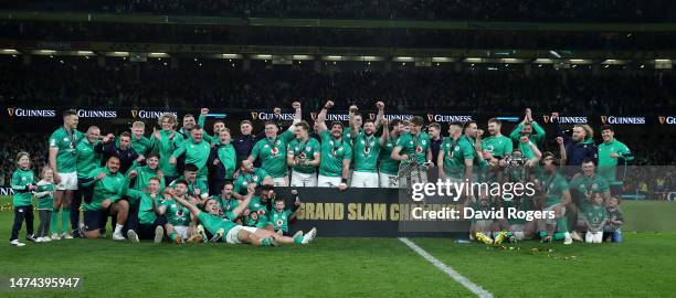 Ireland celebrate after their Grand Slam victory during the England captain's run at the Aviva Stadium on March 17, 2023 in Dublin, Ireland.