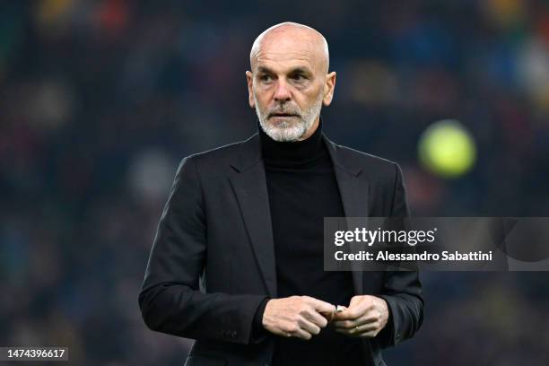 Stefano Pioli, Head Coach of AC Milan, looks on prior to the Serie A match between Udinese Calcio and AC Milan at Dacia Arena on March 18, 2023 in...