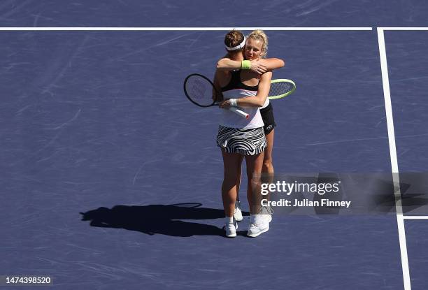 Barbora Krejcikova and Katerina Siniakova of Czech Republic celebrate defeating Beatriz Haddad Maia of Brazil and Laura Siegemund of Germany in the...