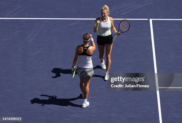 Barbora Krejcikova and Katerina Siniakova of Czech Republic celebrate defeating Beatriz Haddad Maia of Brazil and Laura Siegemund of Germany in the...