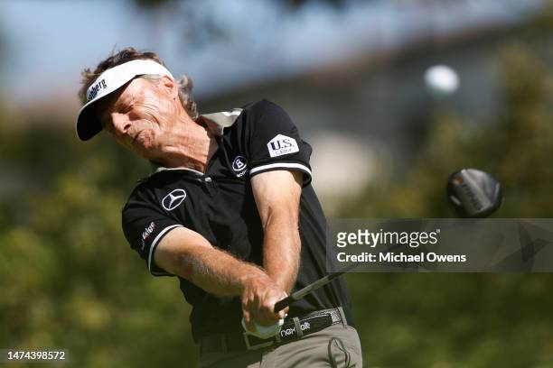 Bernhard Langer of Germany tees off on the sixth hole during the second round of the Hoag Classic at Newport Beach Country Club on March 18, 2023 in...