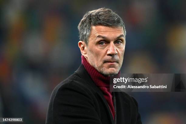 Paolo Maldini, Technical Director of AC Milan, looks on prior to the Serie A match between Udinese Calcio and AC Milan at Dacia Arena on March 18,...