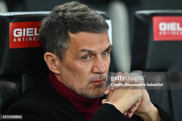 Paolo Maldini, Technical Director of AC Milan, looks on prior to the Serie A match between Udinese Calcio and AC Milan at Dacia Arena on March 18,...