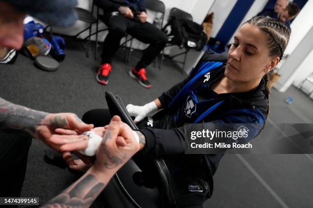 Jennifer Maia of Brazil has her hands wrapped prior to her fight during the UFC 286 event at The O2 Arena on March 18, 2023 in London, England.