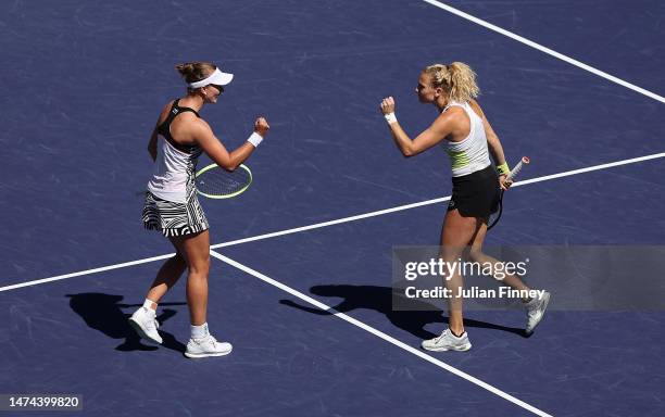 Barbora Krejcikova and Katerina Siniakova of Czech Republic celebrate in their match against Beatriz Haddad Maia of Brazil and Laura Siegemund of...