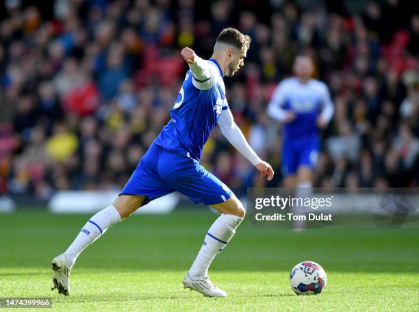 Danel Sinani of Wigan Athletic in action during the Sky Bet Championship between Watford and Wigan Athletic at Vicarage Road on March 18, 2023 in...